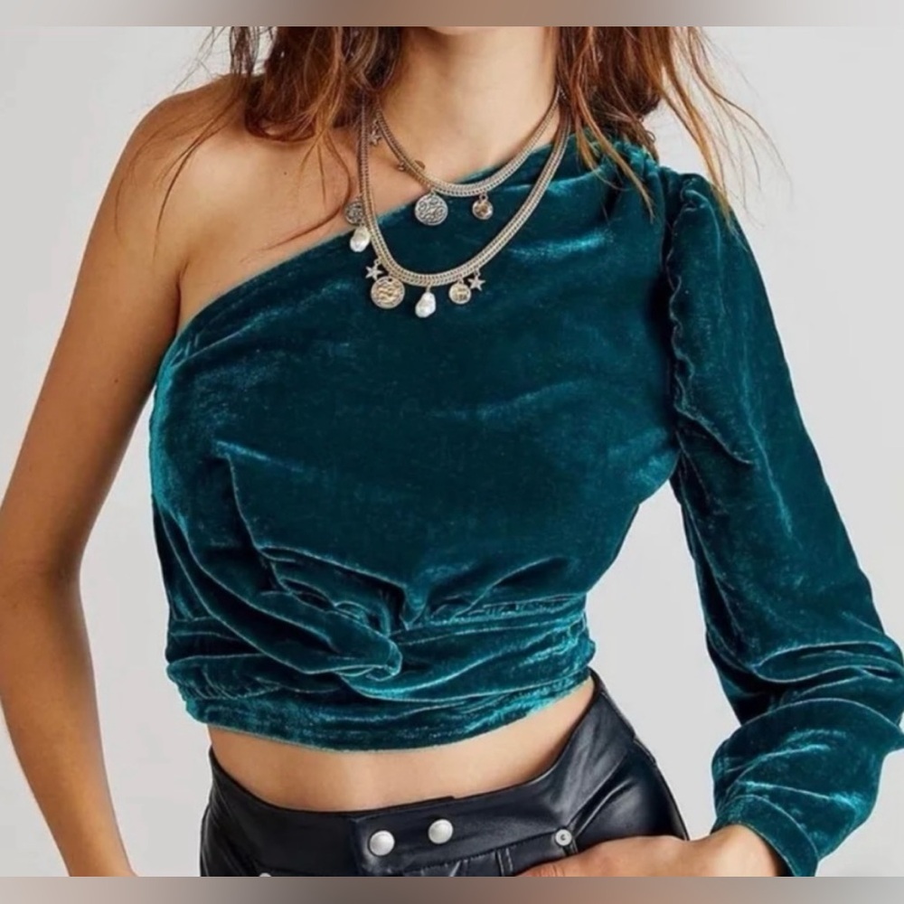 Free People Teal One-Shoulder Velvet Top
